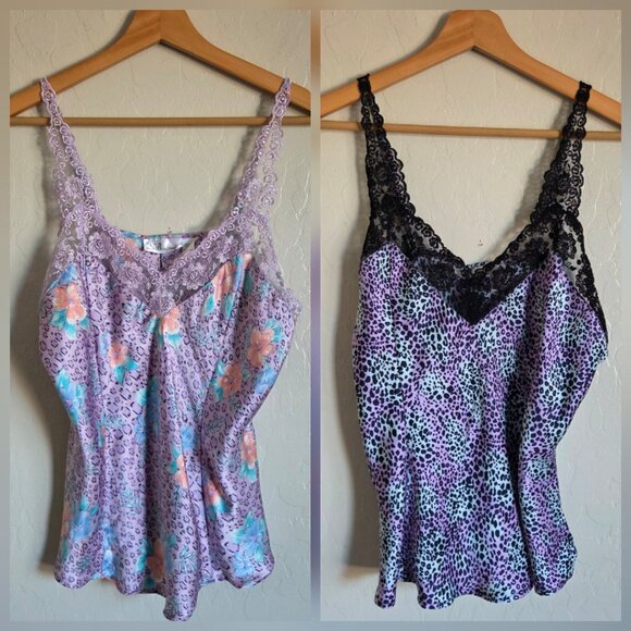 Silkscreen 100% Silk Lace Trim Animal Print Cami Top Bundle of 2 Sz Large Purple - Picture 1 of 12